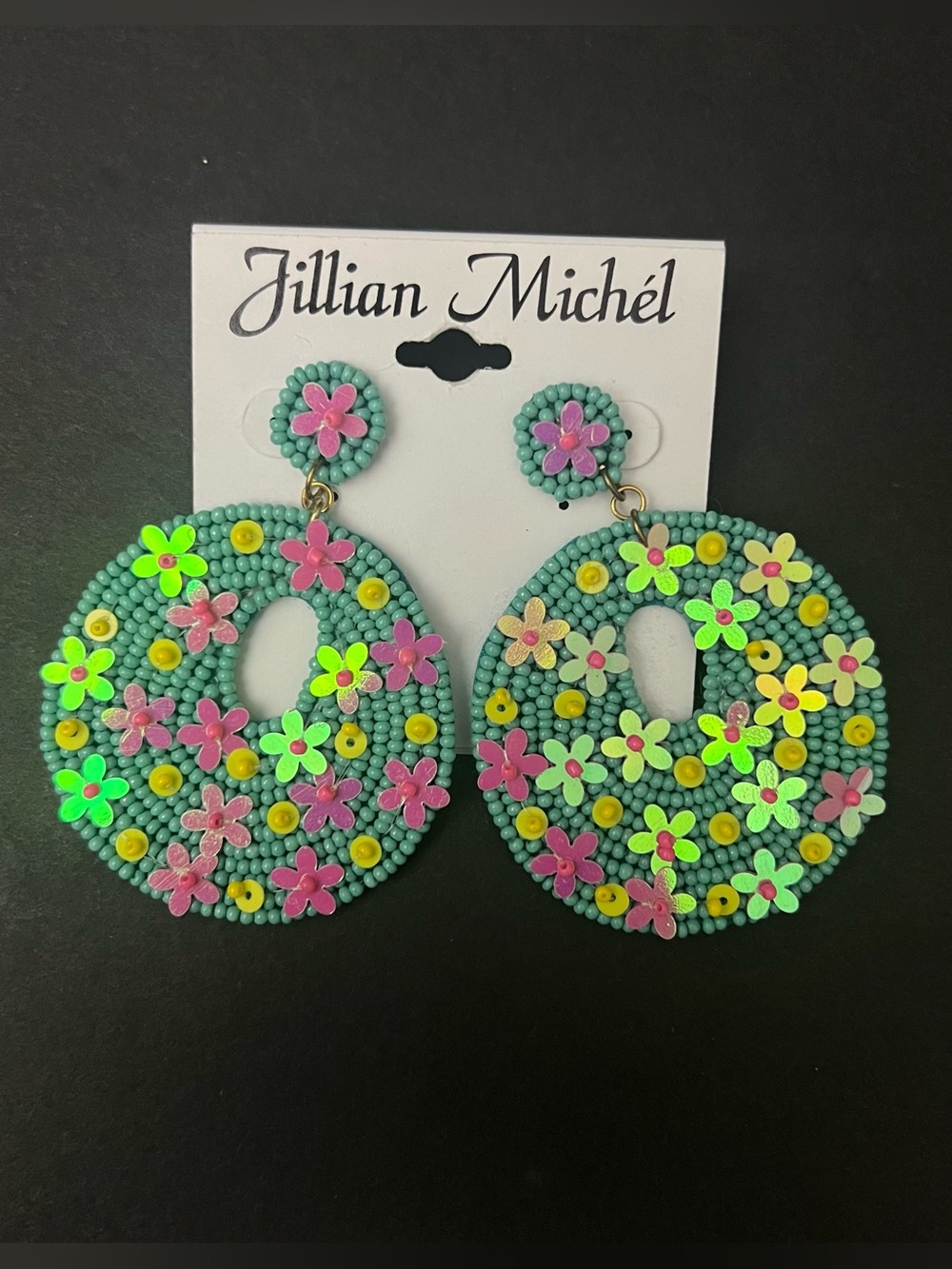 Jillian Michel Pierced Turquoise
Beaded Round Dangle Earrings w/ Floral Sequins